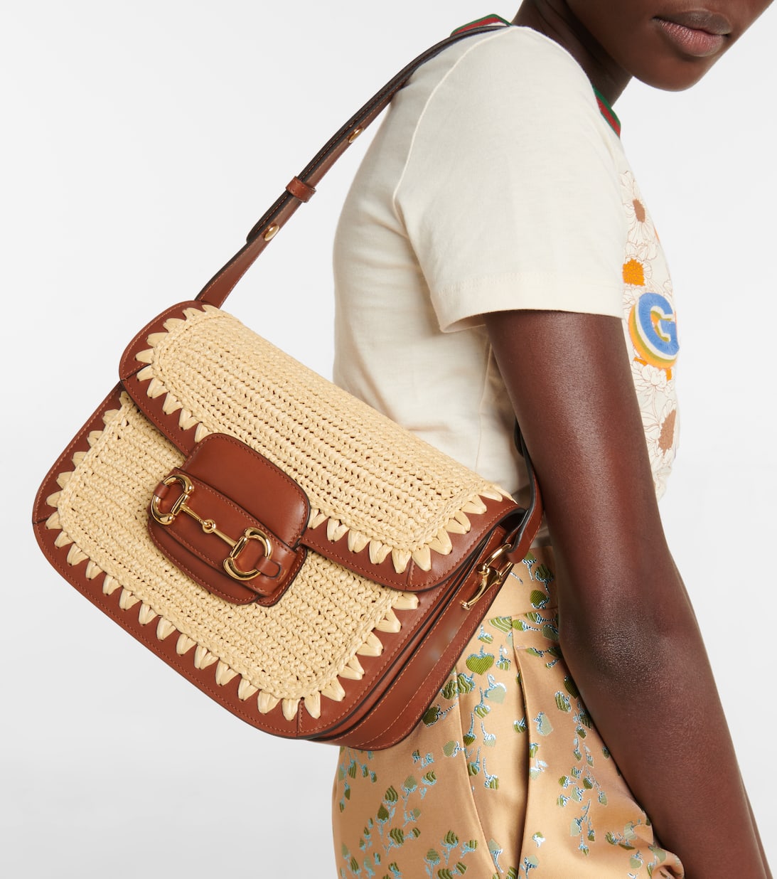 Horsebit 1955 Raffia Effect Shoulder Bag in Brown Gucci Mytheresa