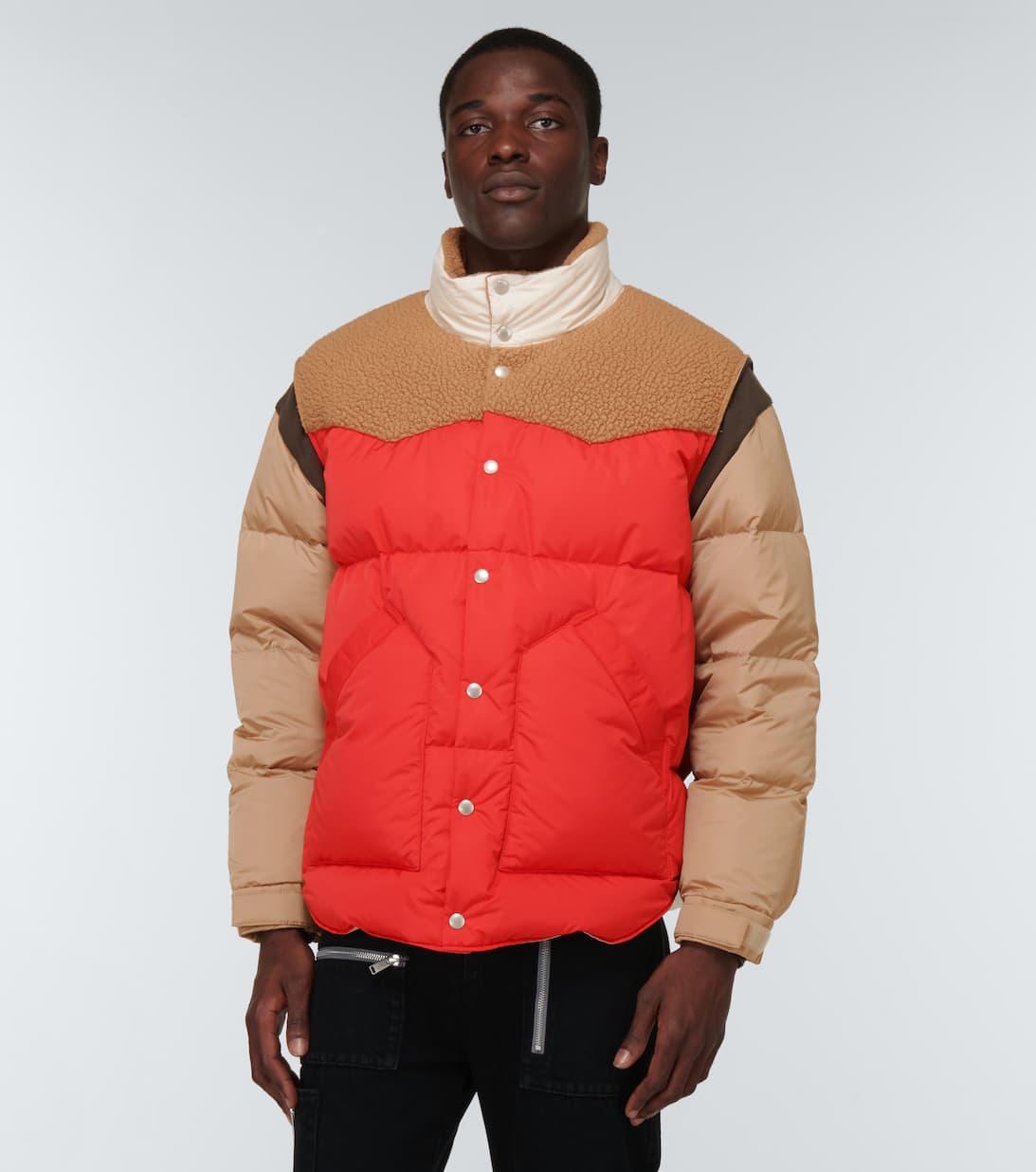 Faux Shearling Trimmed Down Jacket in Multicoloured Undercover