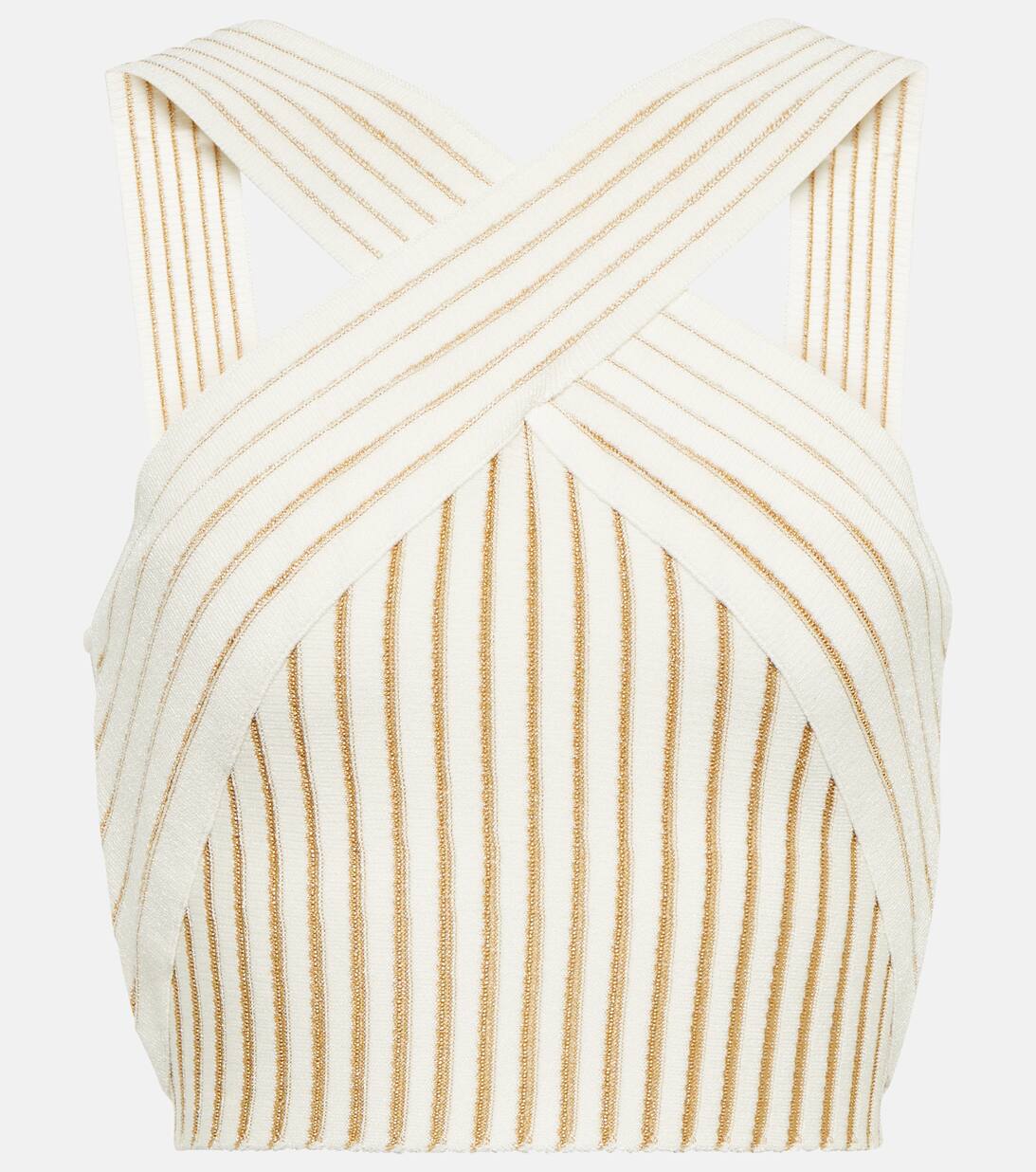 Cropped Top Aus Rippstrick in Weiss Balmain Mytheresa