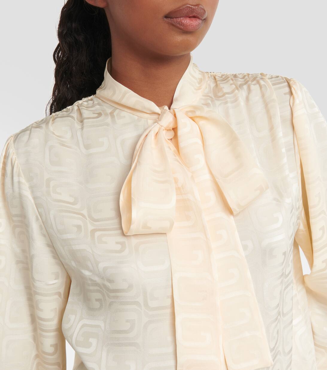 Bow Detailed GG Silk Jacquard Blouse in Beige Gucci Mytheresa