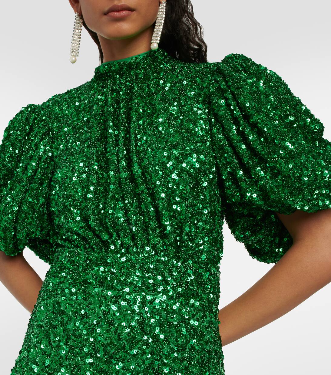 Embellished Puff Sleeve Maxi Dress in Green Rotate Birger Christensen