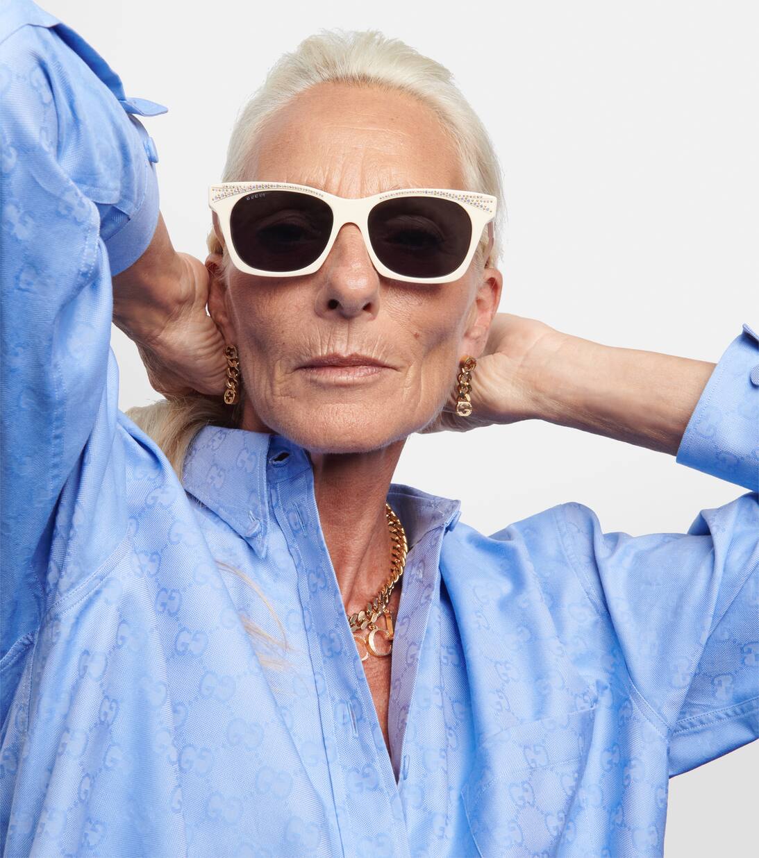 Embellished Rectangular Sunglasses in White Gucci Mytheresa