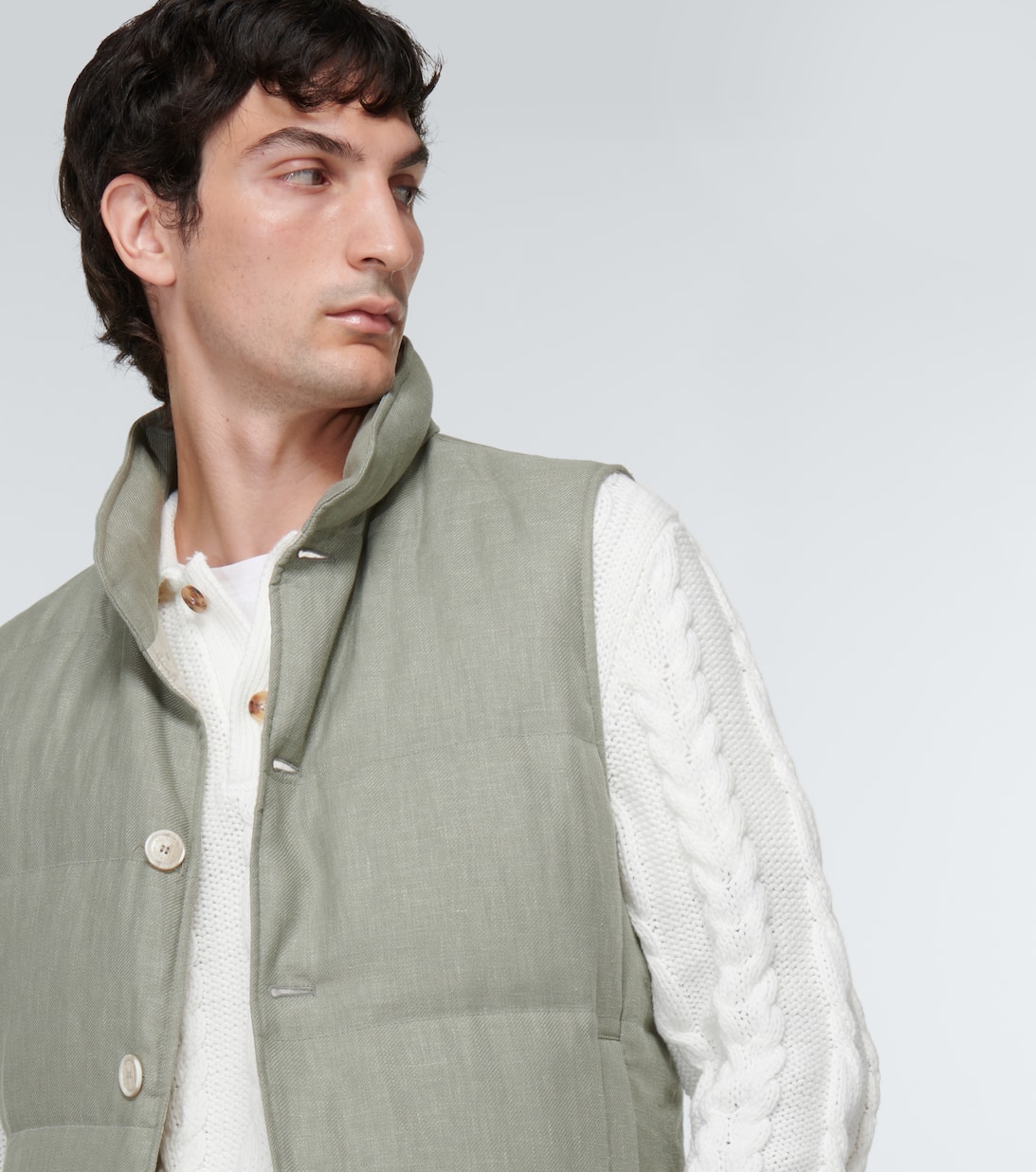 Linen Wool And Silk Down Vest in Green Brunello Cucinelli Mytheresa