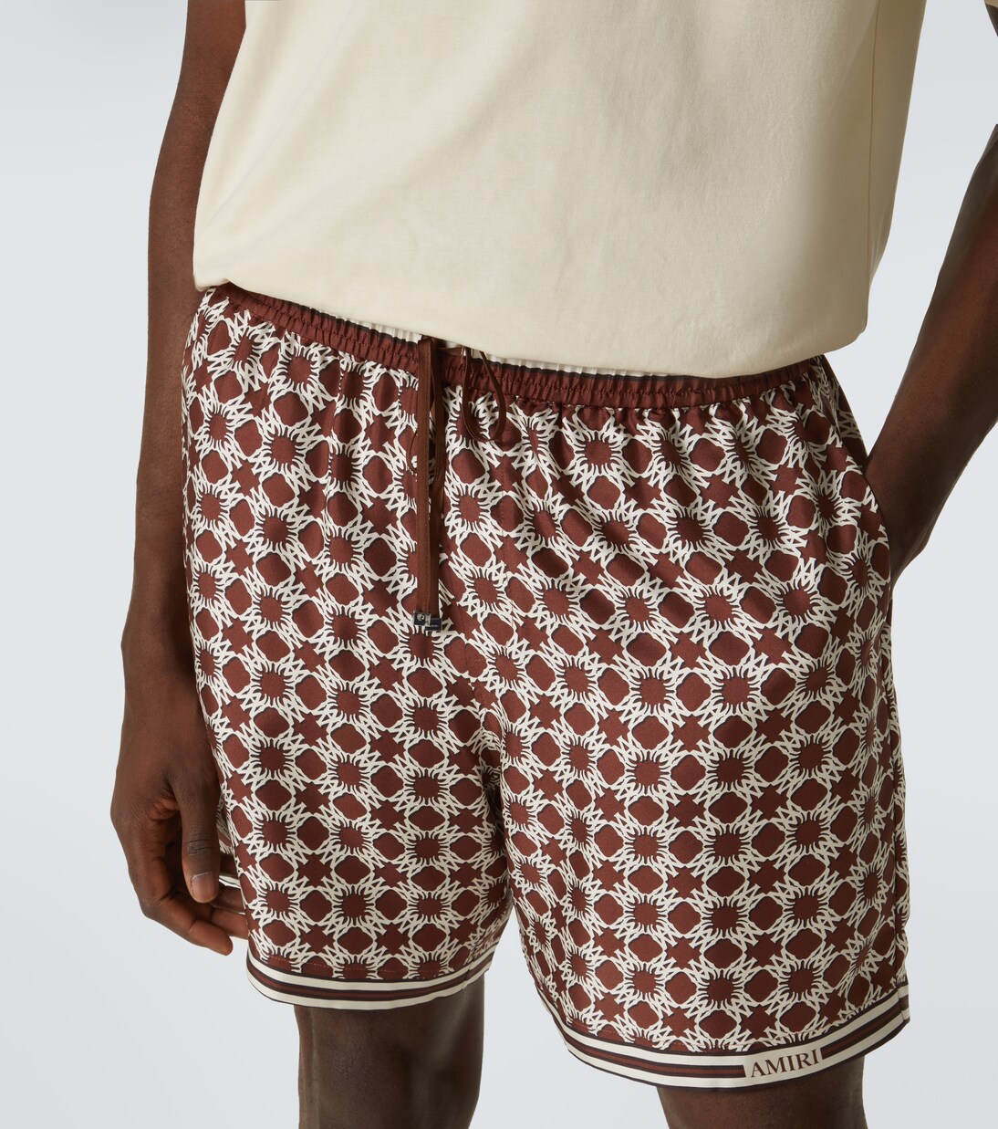 1500~Awning-Print Silk-Blend Shorts With Drawstring
