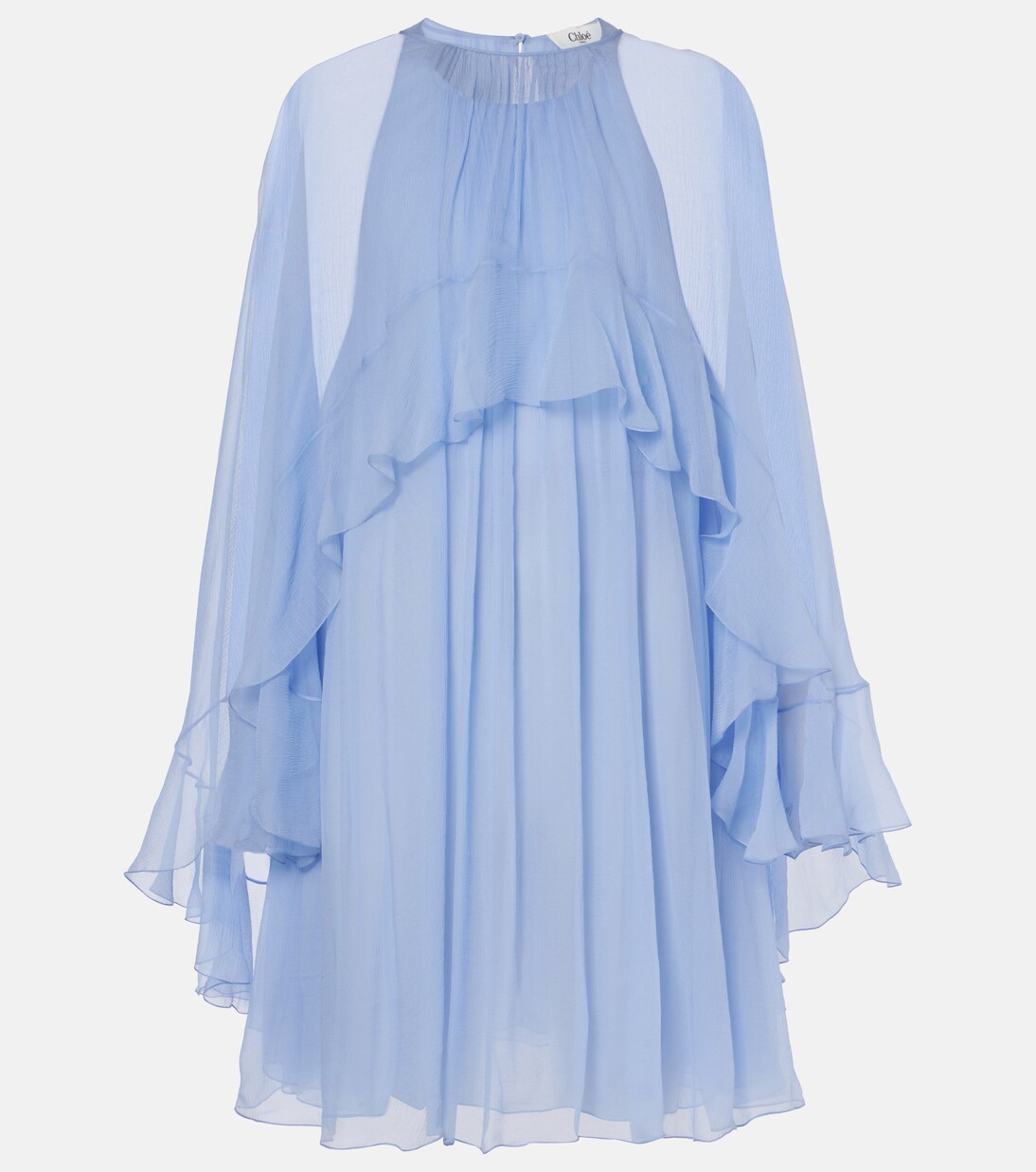 Blue Silk Velvet Crystal Neck Mini Dress
