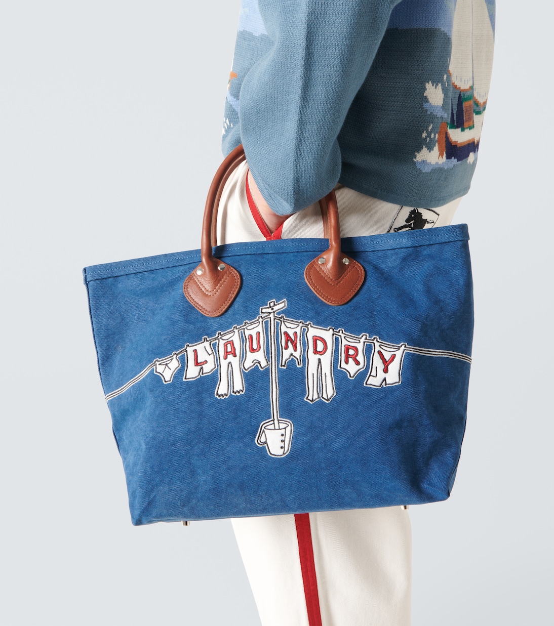 BODE Clothesline 레더 트리밍 캔버스 토트 백 페칭