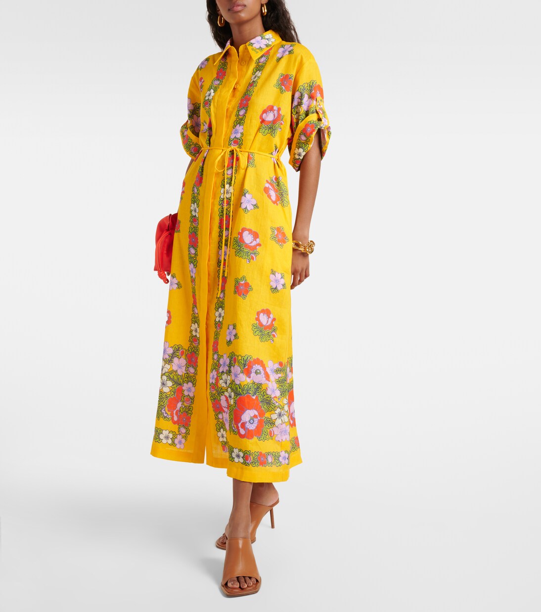 Tiered Yellow Linen Shirt Dress