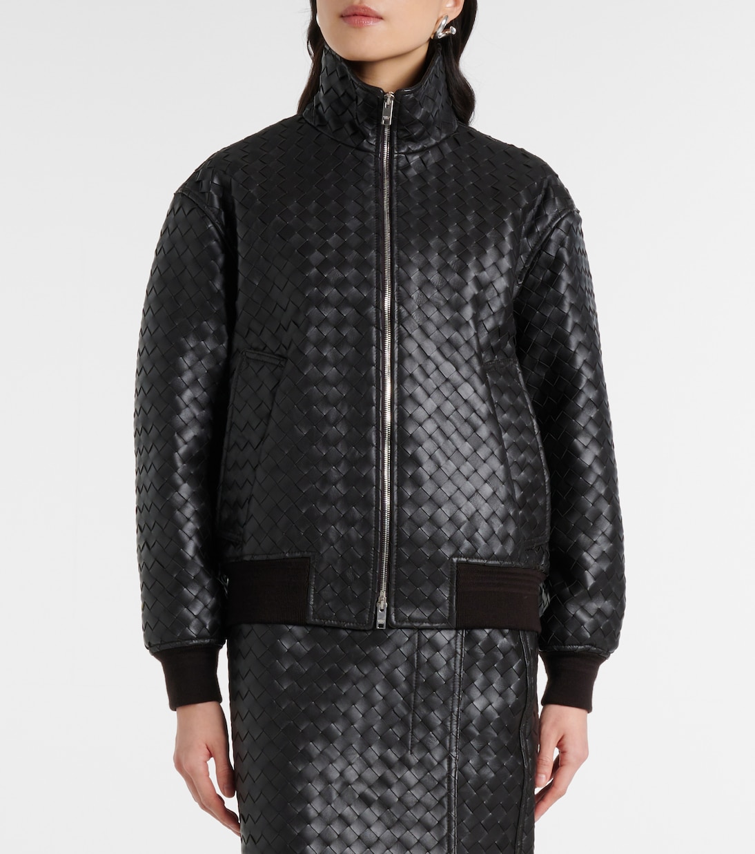 Black Nappa Leather Jacket With Intrecciato Leather Bandana