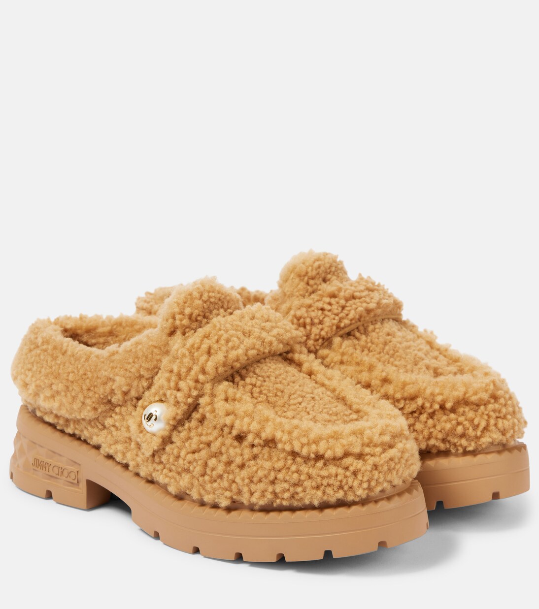 MULES ATTACHED TRIANGLE LOGO IN WOOD BROWN SHEARLING