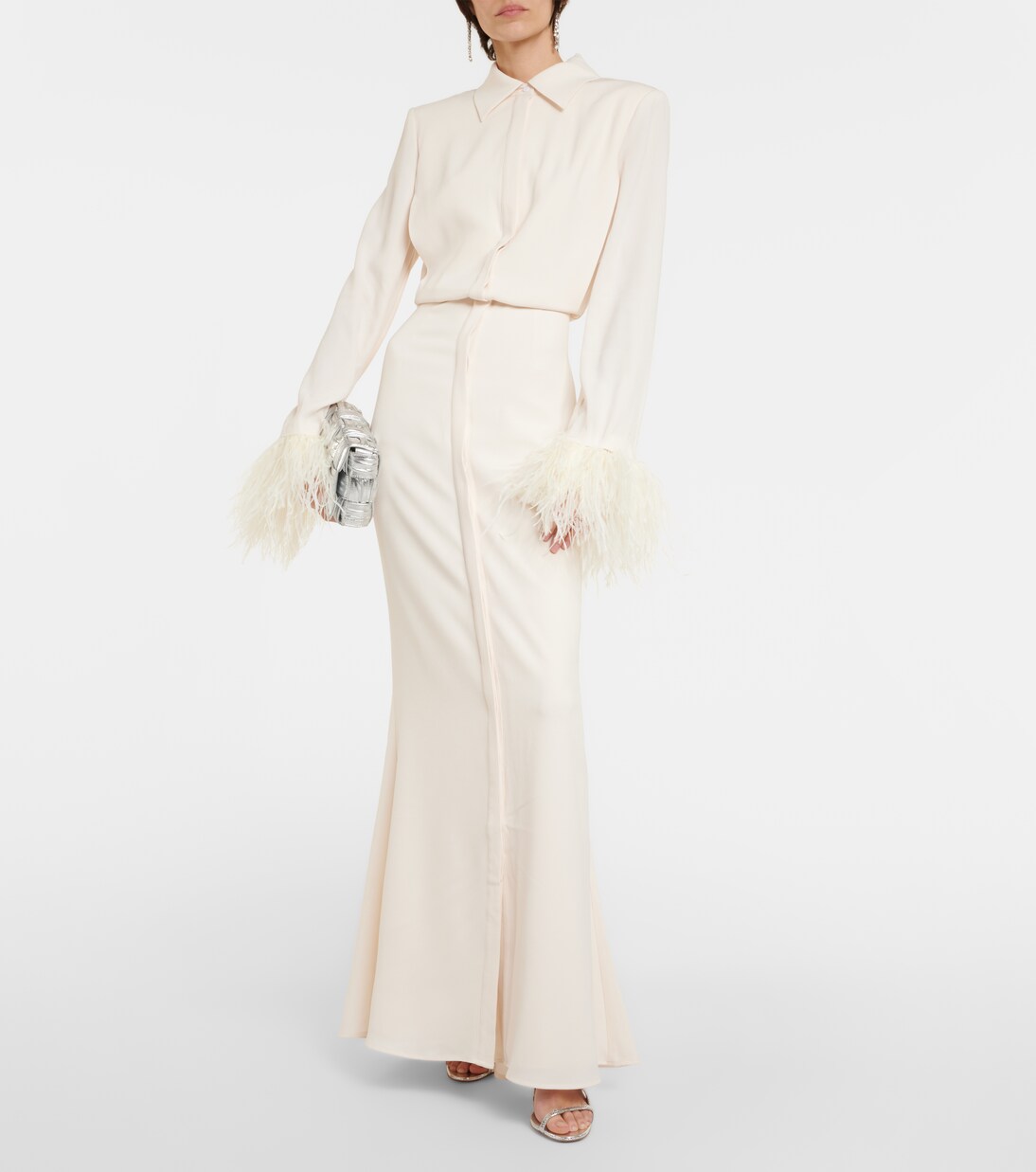 Feather-trimmed crêpe maxi shirt dress in white - Roland Mouret 