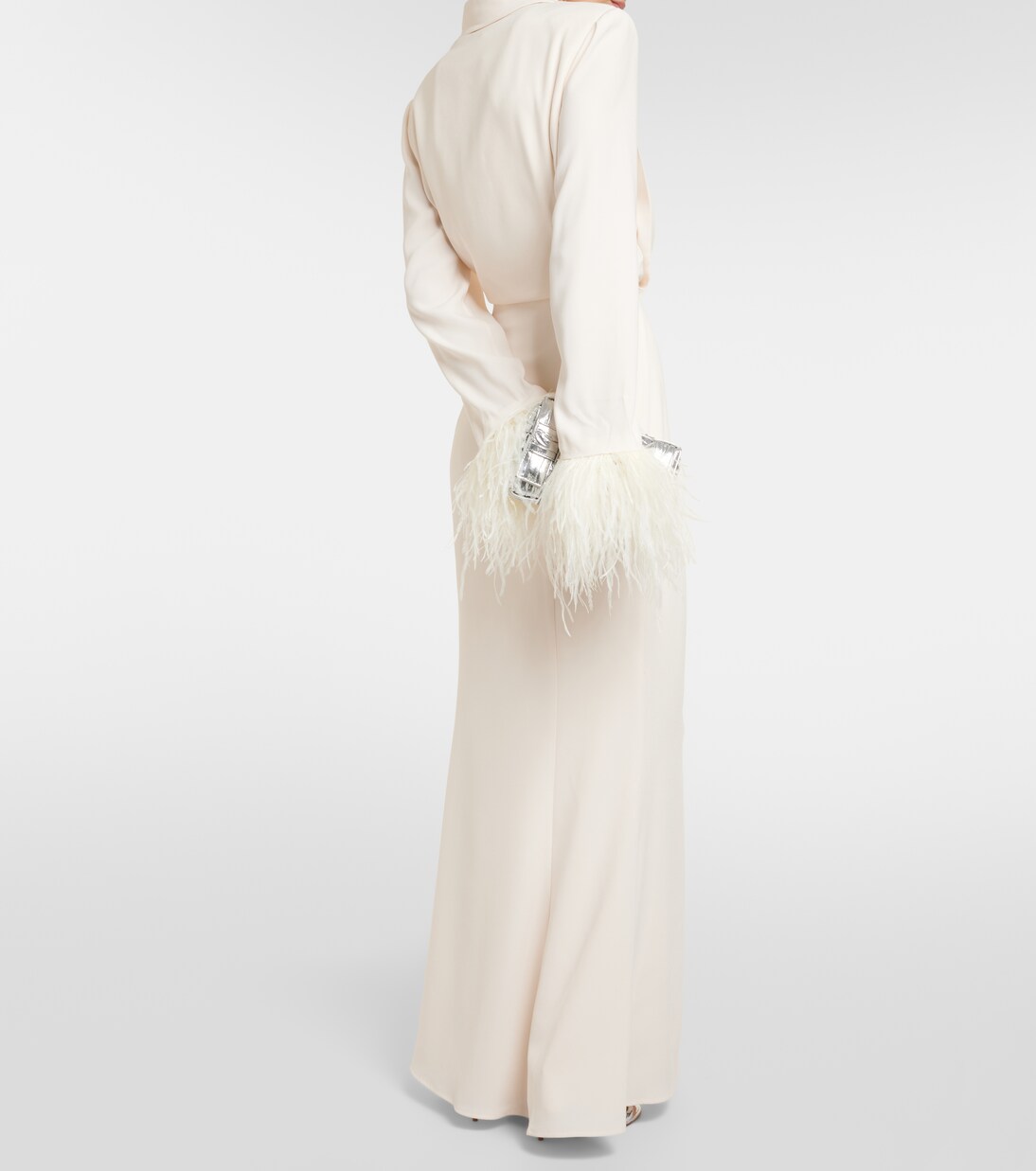 Feather-trimmed crêpe maxi shirt dress in white - Roland Mouret 