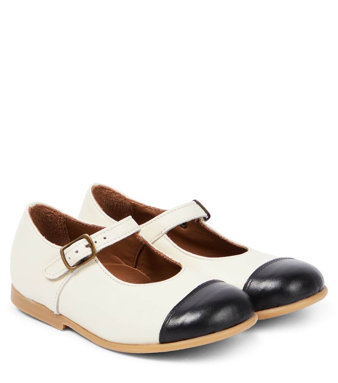 Perroquet Girls Black Leather Ballet Flats with Grosgrain Cap Toe - Black