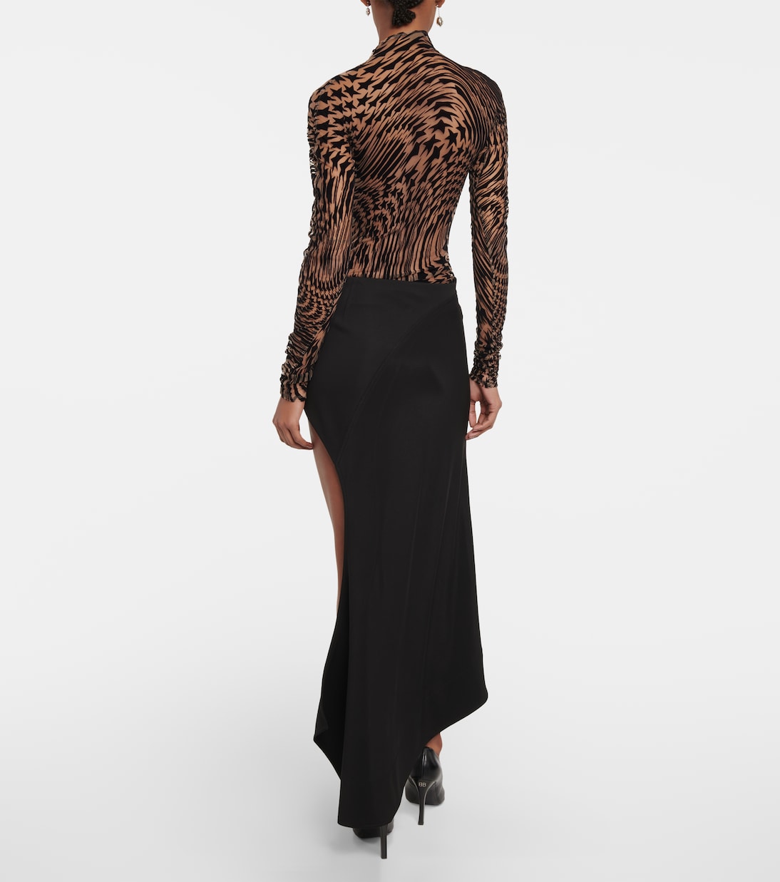 SANDOR - Asymmetric jersey midi skirt with silver stud embellishments