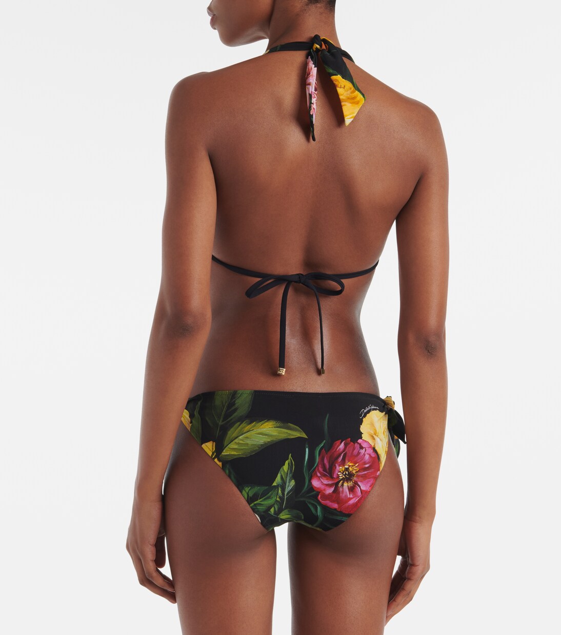 Dolce & Gabbana Black Floral Print Nylon Halter Bikini Top Swimwear