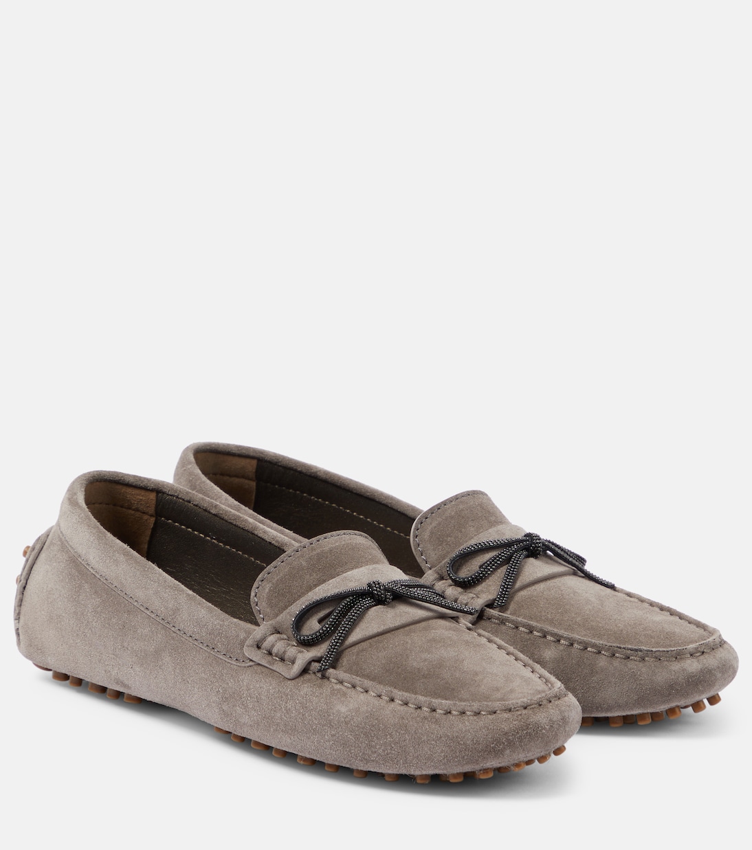 Monili-embellished suede moccasins in grey - Brunello Cucinelli 