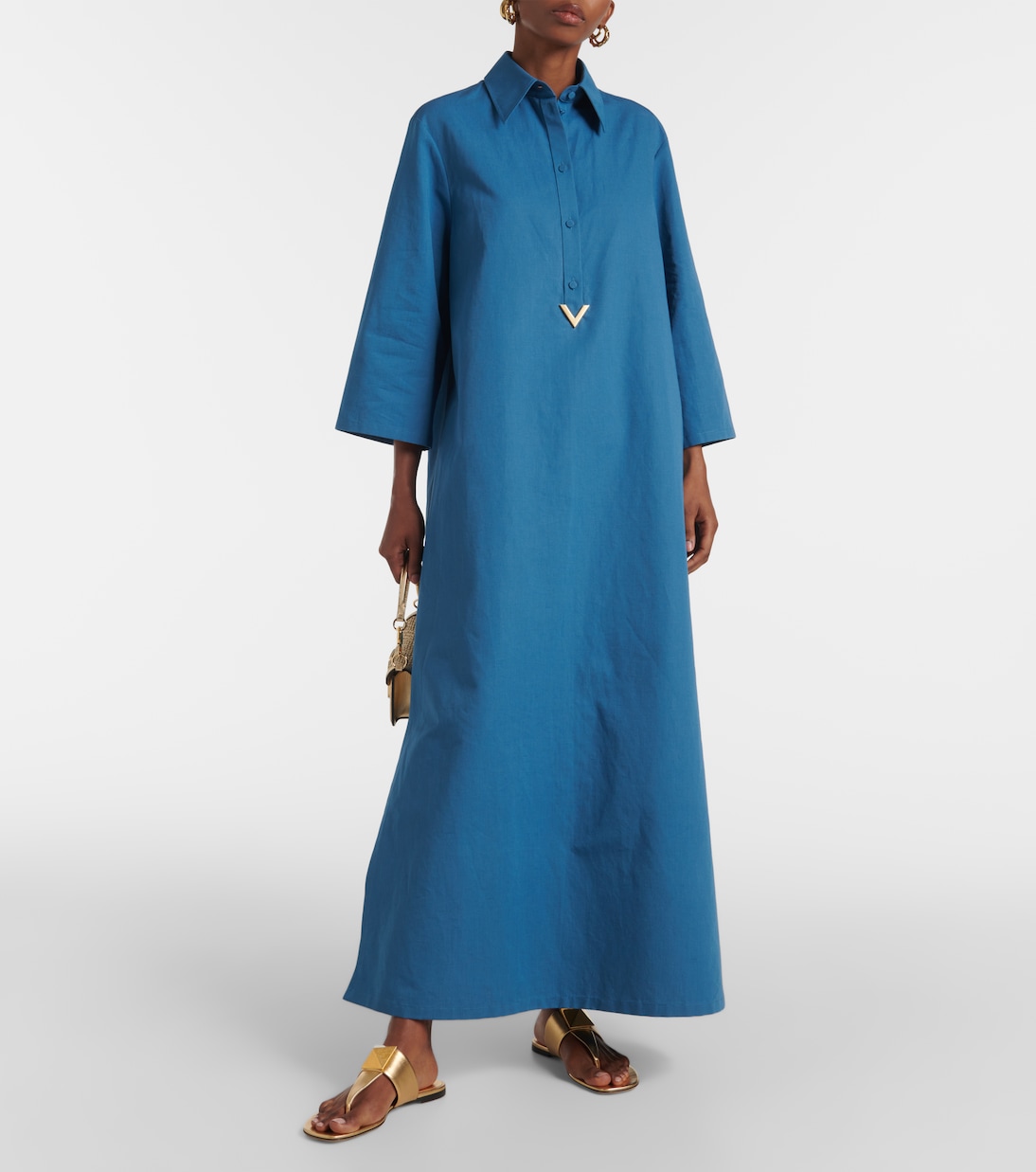 VGold cotton and linen shirtdress in blue - Valentino | Mytheresa