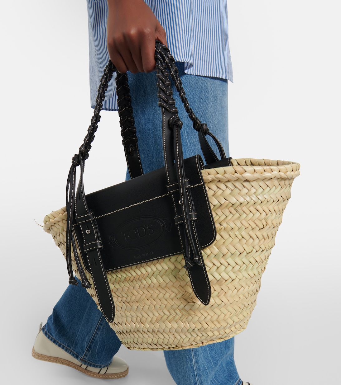 Leather-trimmed raffia basket bag | Tod's