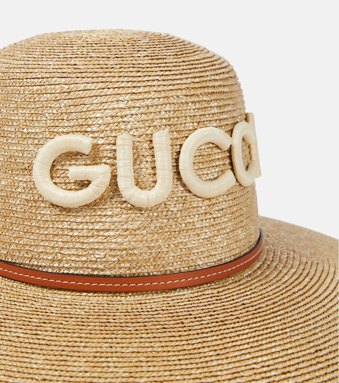 Logo leather-trimmed straw sunhat in neutrals - Gucci | Mytheresa