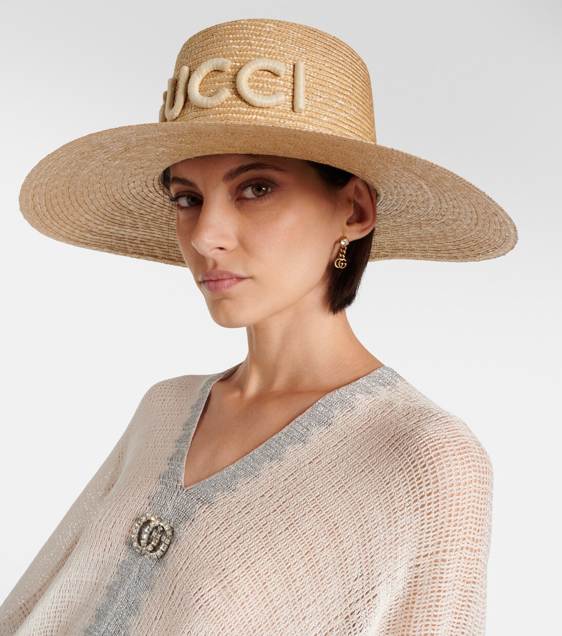 Logo leather-trimmed straw sunhat in neutrals - Gucci | Mytheresa