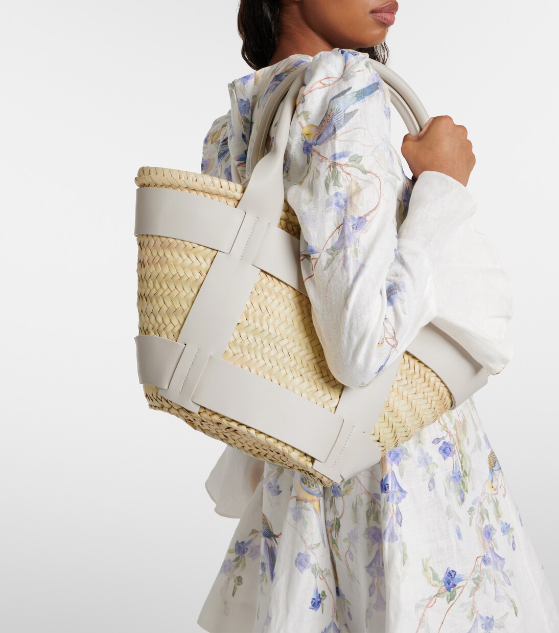 Santorini leather-trimmed straw tote bag in neutrals - De Mellier