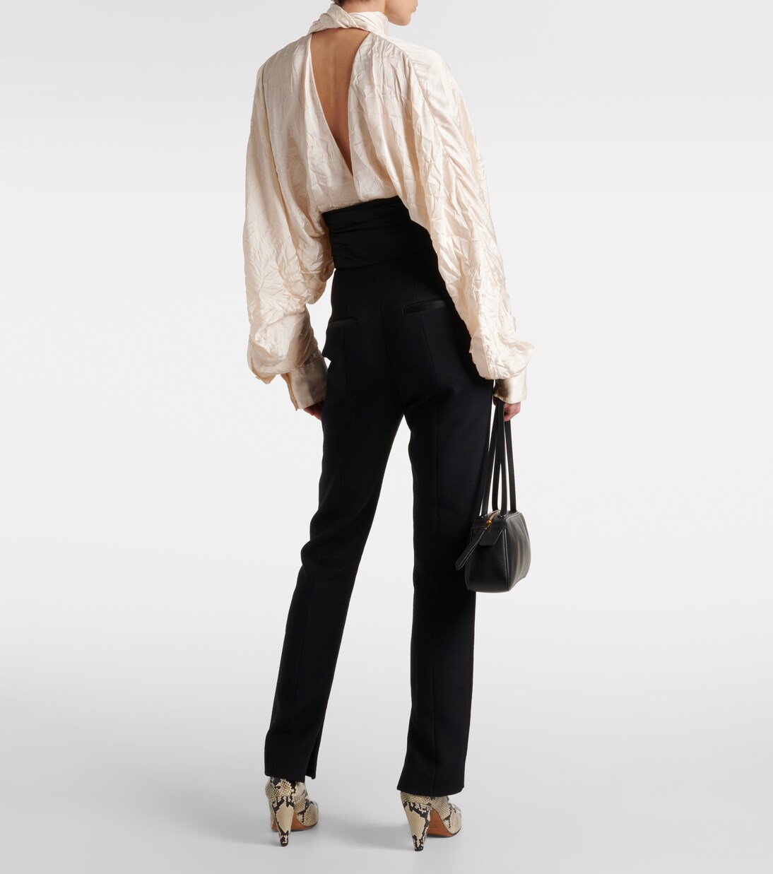 Gilmore Pants - Low Rise Satin Contrast Tailored Pants in Black