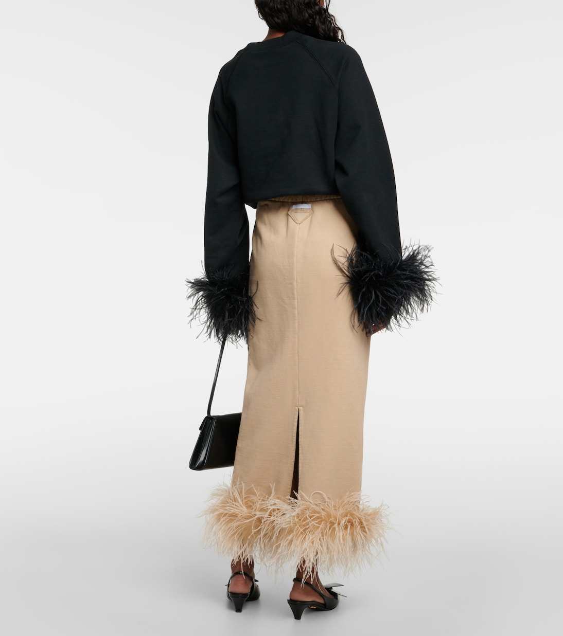 Feather-trimmed cotton midi skirt | Prada