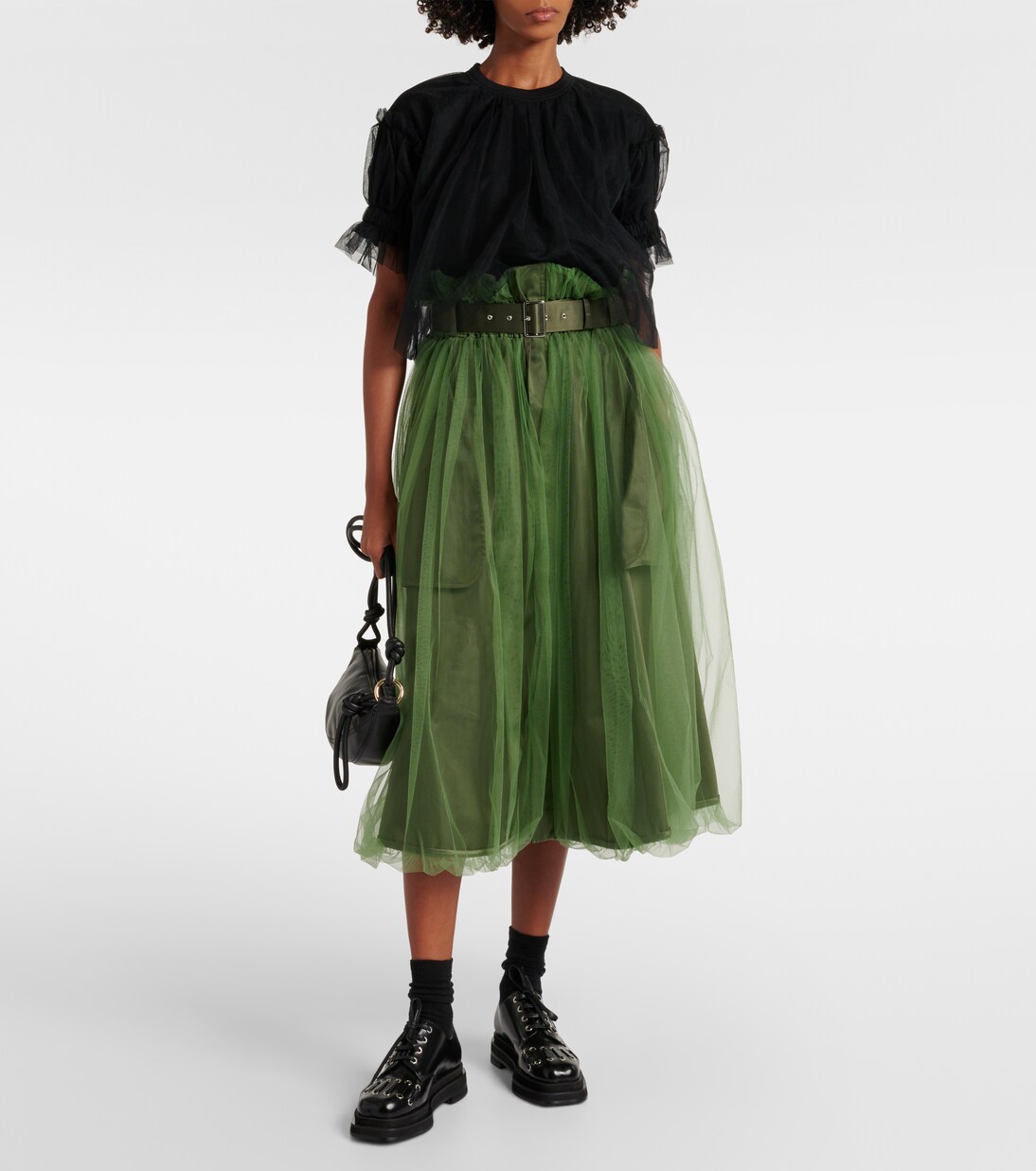 Belted tulle-trimmed twill midi skirt in green - Noir Kei Ninomiya  