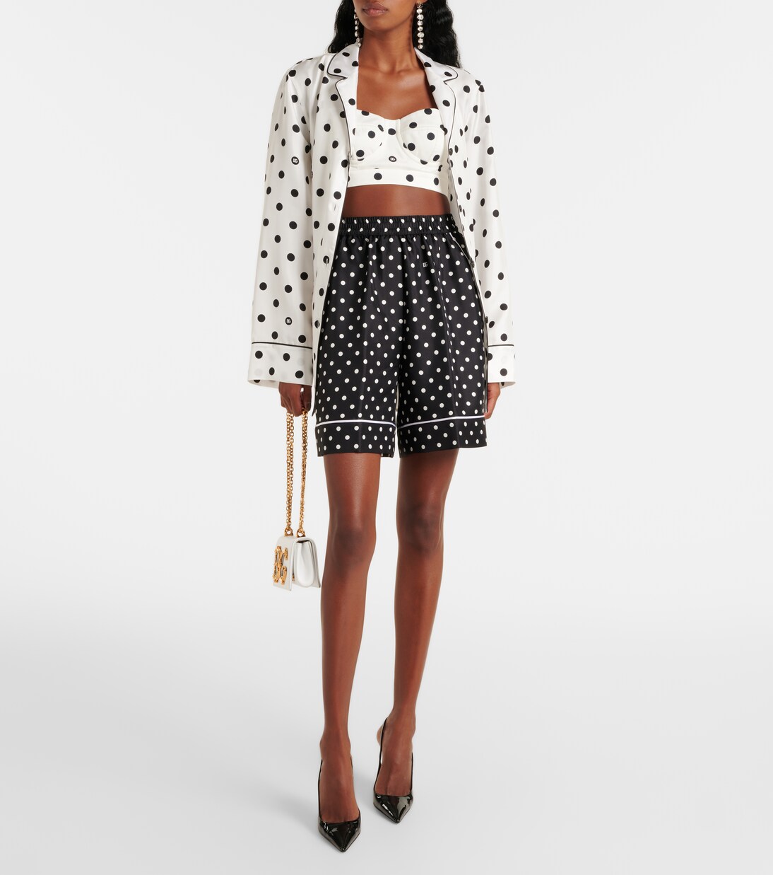 Dolce & Gabbana Black White Polka Dots Silk Long Sleeves Top