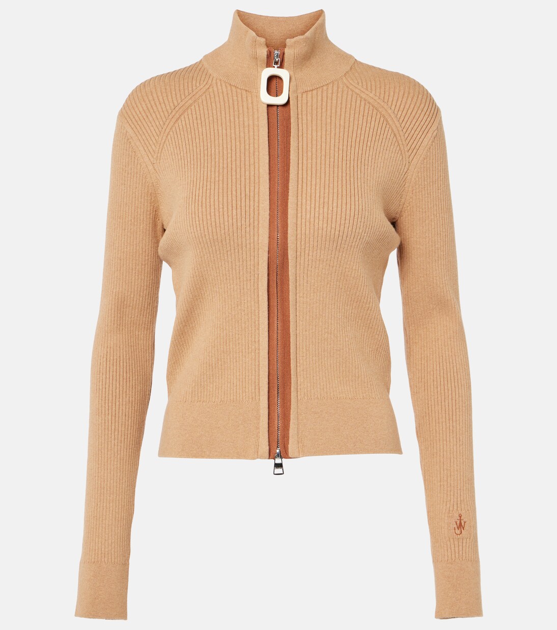 Ribbed-knit zip-up cotton cardigan in beige - JW Anderson | Mytheresa