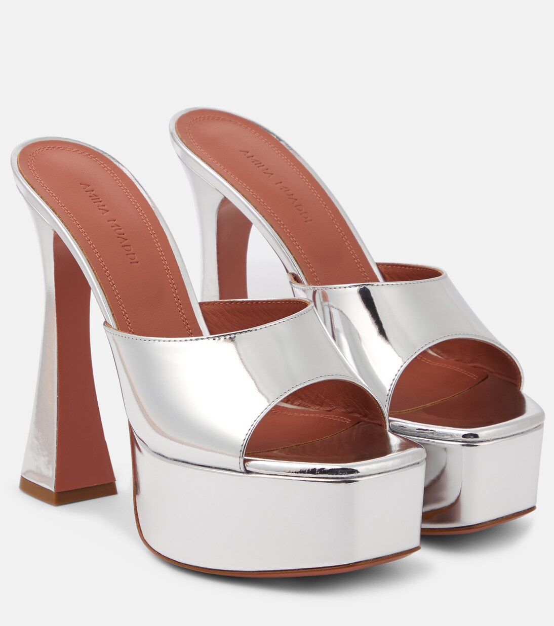 Dalida mirrored leather platform mules in silver - Amina Muaddi  