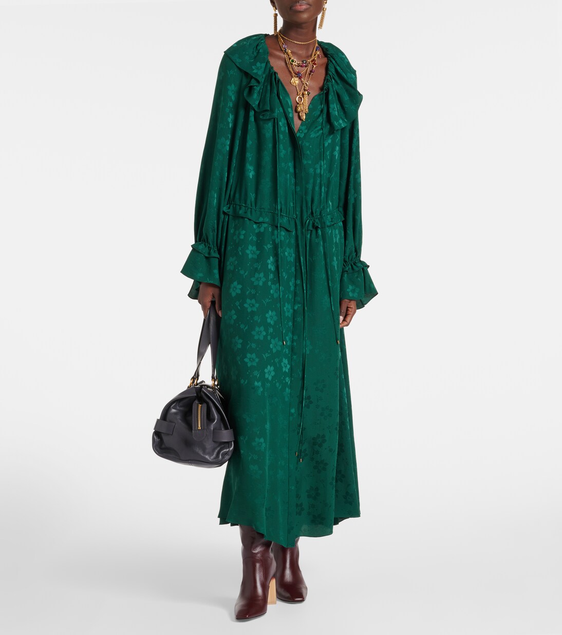 Laurel Green Jacquard Frilled Ruffled Long Sleeve Mini Dress