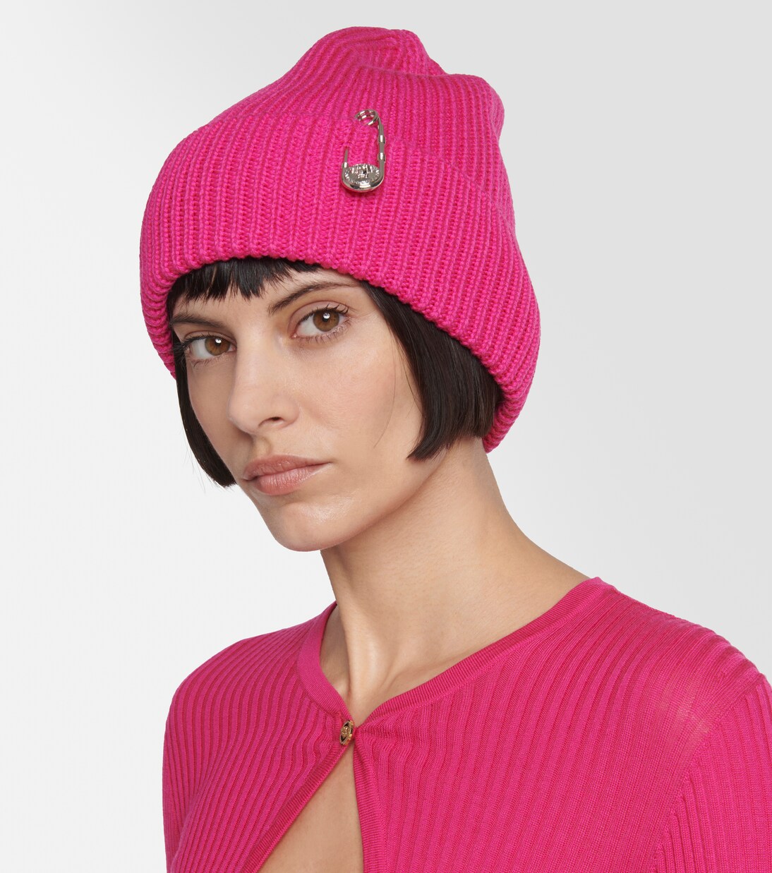 Safety Pin ribbedknit wool beanie in pink Versace Mytheresa