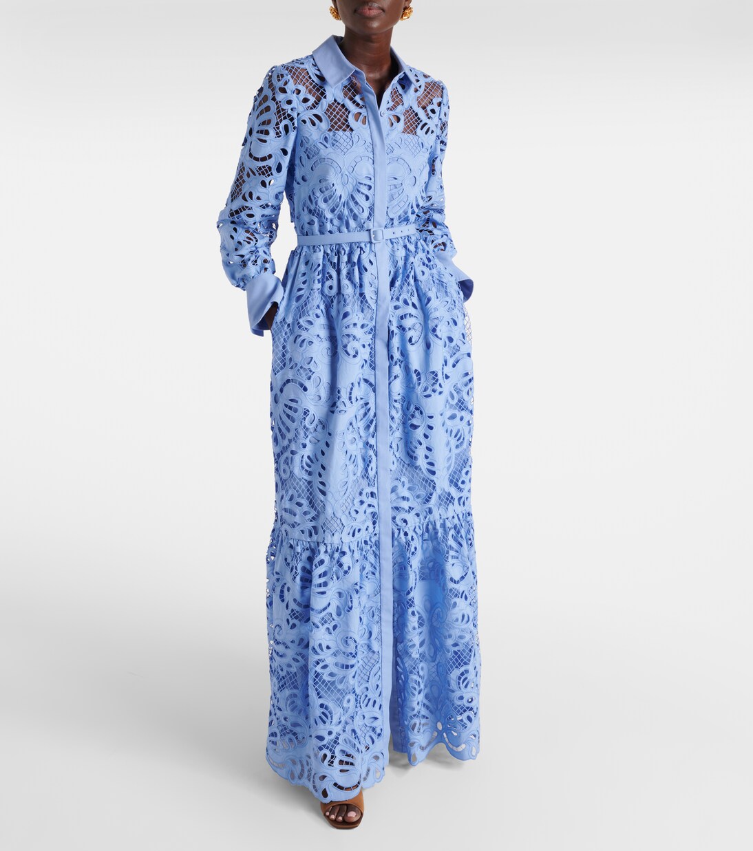 Belted cotton lace maxi dress in blue - Self Portrait | Mytheresa