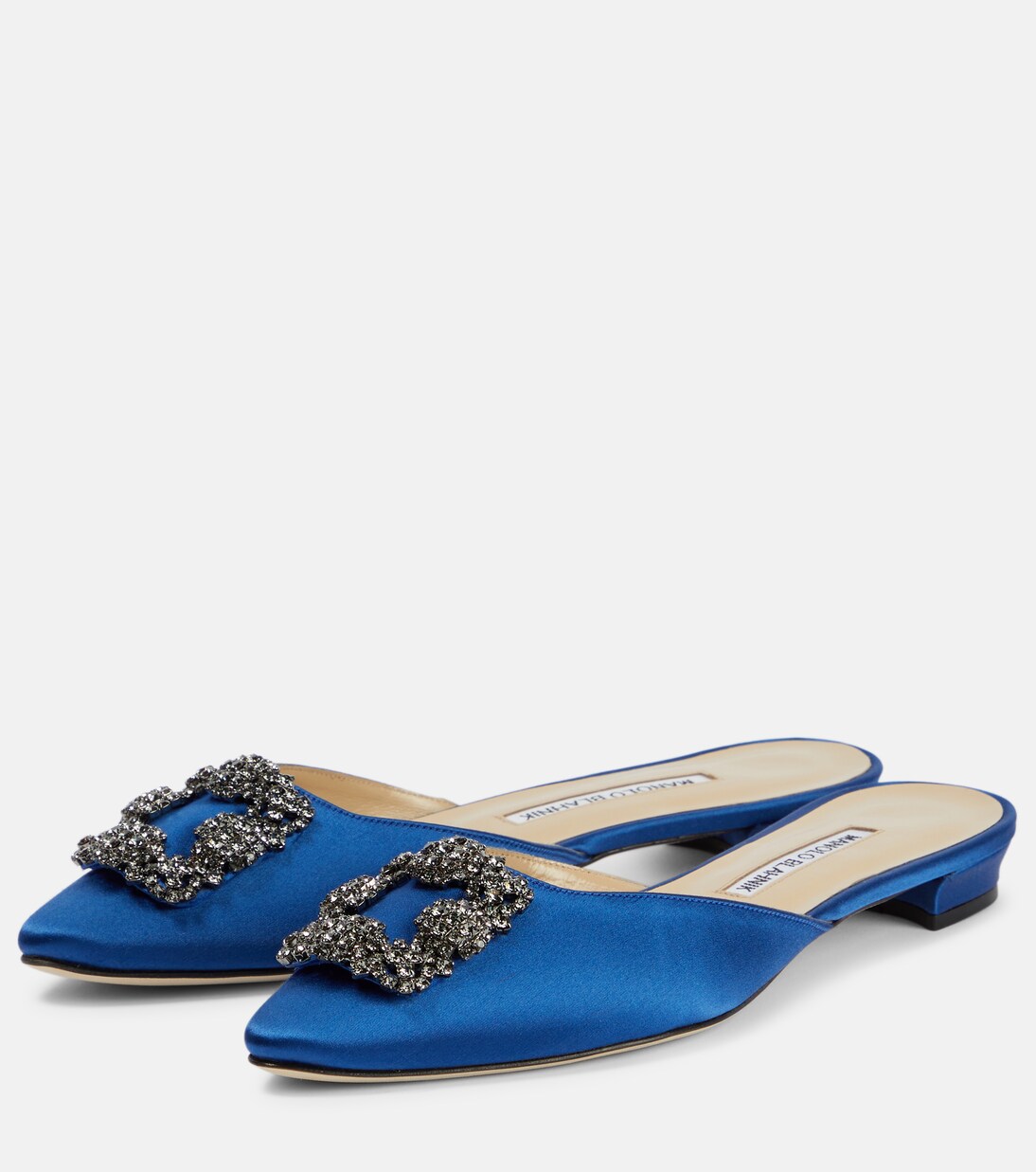Manolo Flats Mules Crystal Green Silk Satin 327474