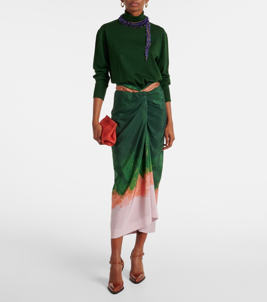 Draped printed silk-blend midi skirt in green - Dries Van Noten | Mytheresa