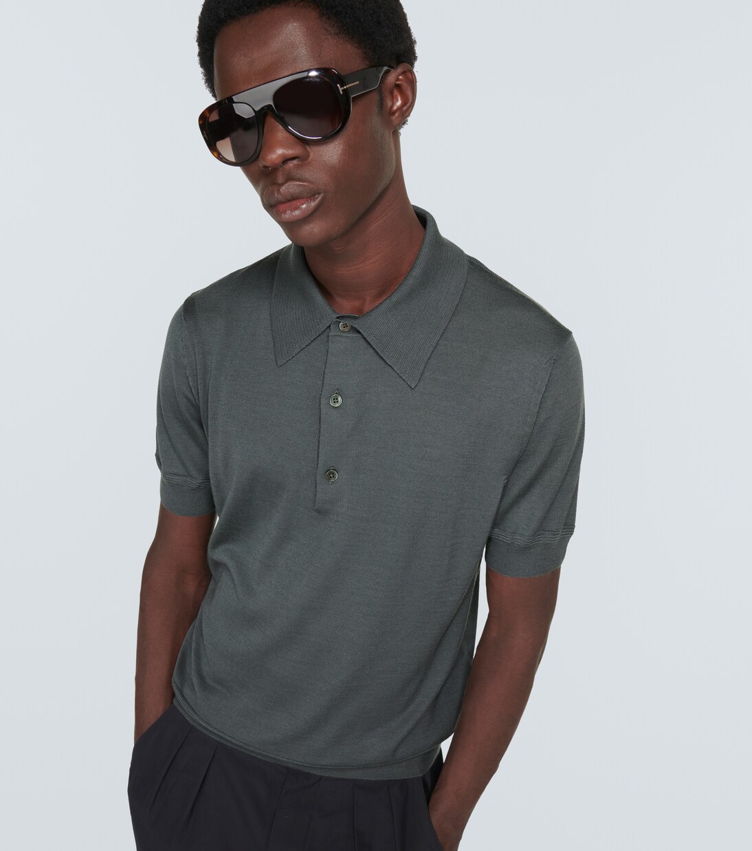Tom Ford Men's Fine Merino Virgin Wool Polo Shirt Grey