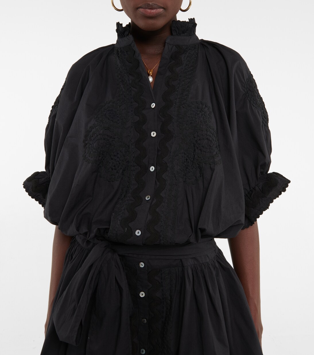Embroidered cotton poplin shirt dress in black - Juliet Dunn 