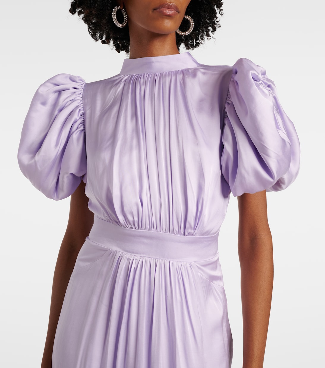 Mauve Satin Pleated Bodice Puff Sleeve Midi Dress main image 0