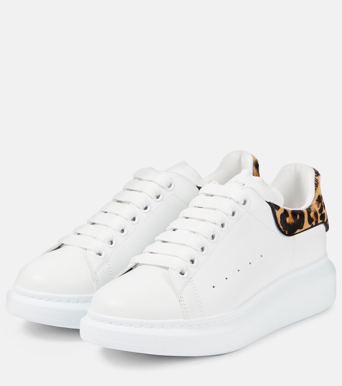 Oversized leopard-print leather sneakers in white - Alexander Mc Queen