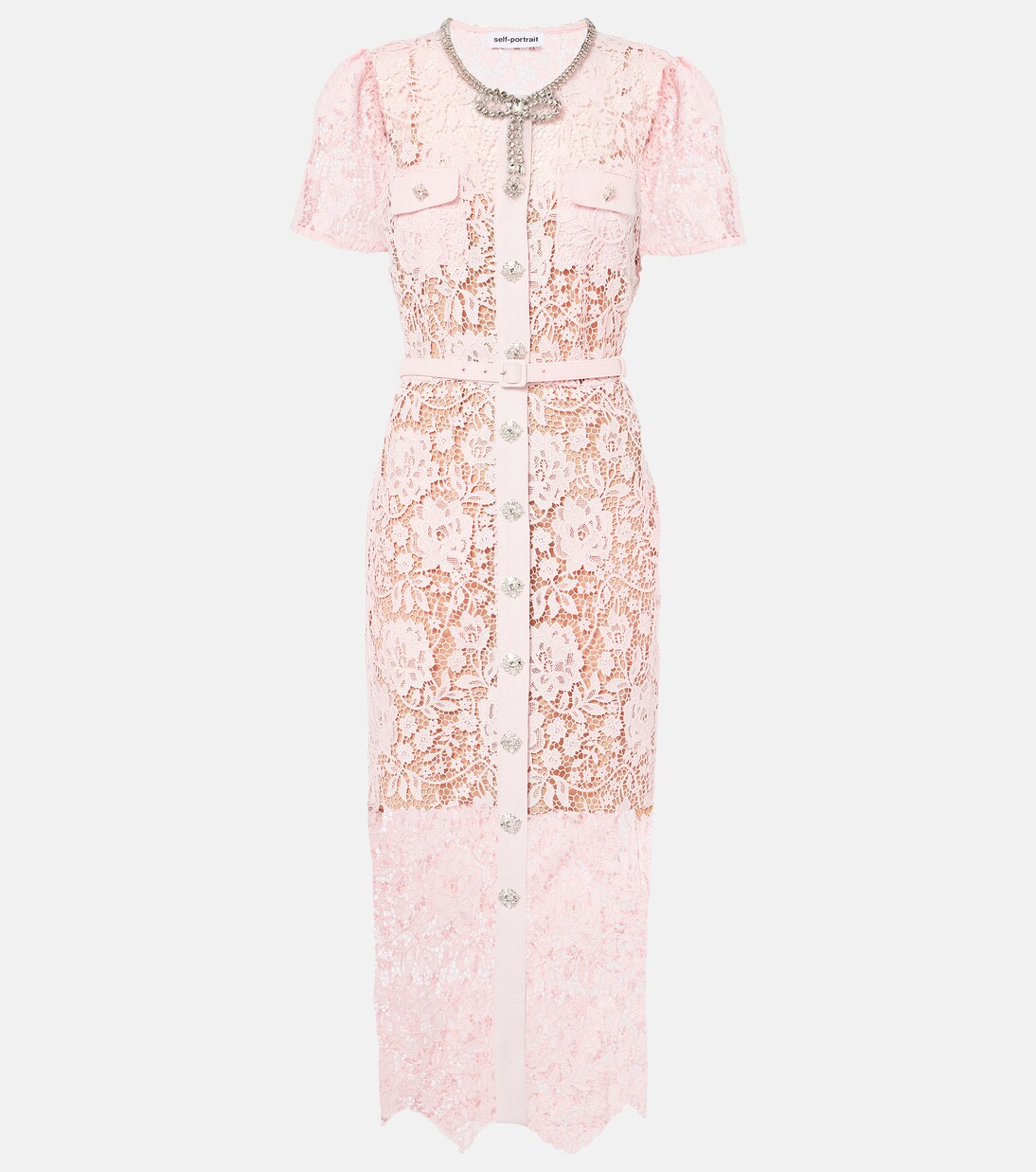 Crystal-embellished lace midi dress in pink - Self Portrait 