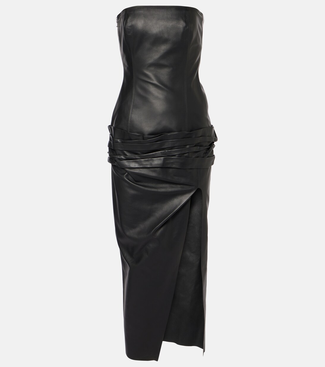 Black Leather Midi Dress – Strapless Zip Front Bodycon Leather Dress for Women main image 1