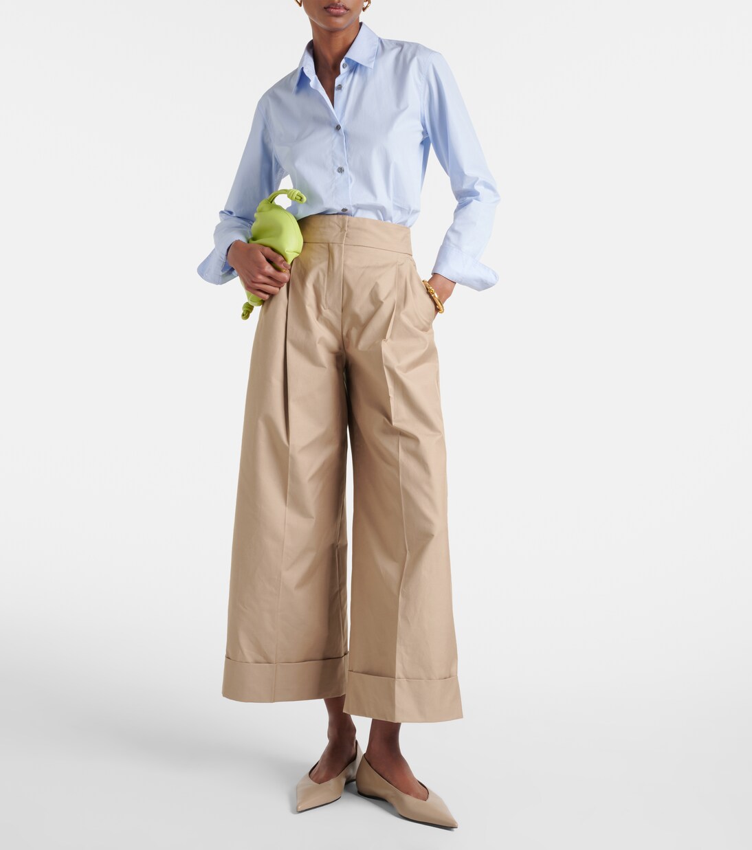 Pleated cotton-blend twill wide-leg pants in beige - S Max Mara 