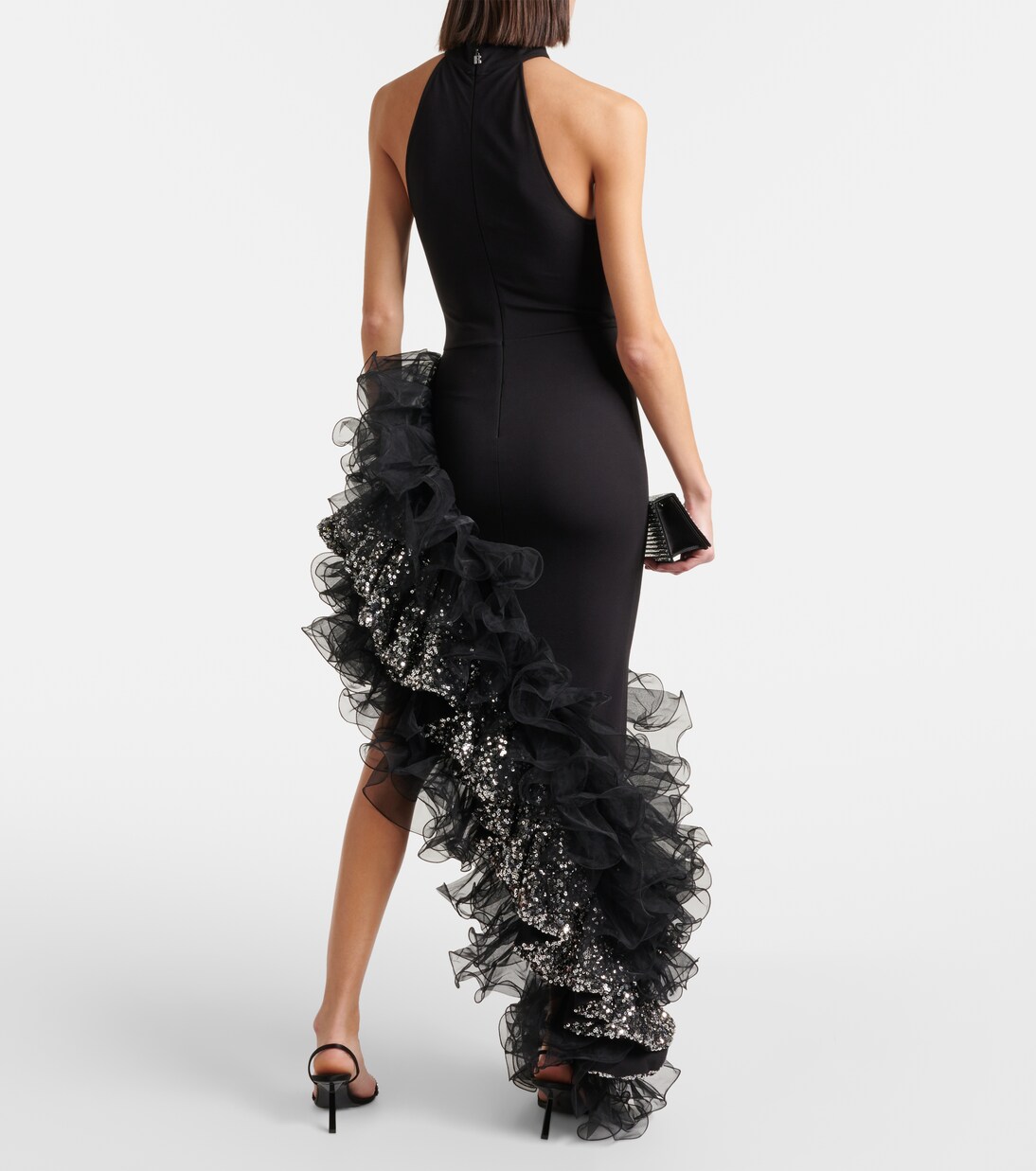 Halterneck sequined ruffled gown in black - Rotate | Mytheresa