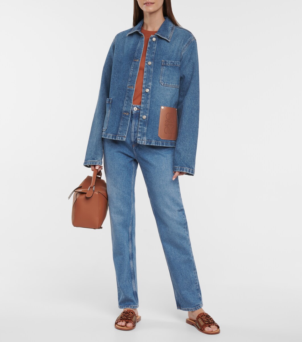 Anagram leather-trimmed denim jacket 