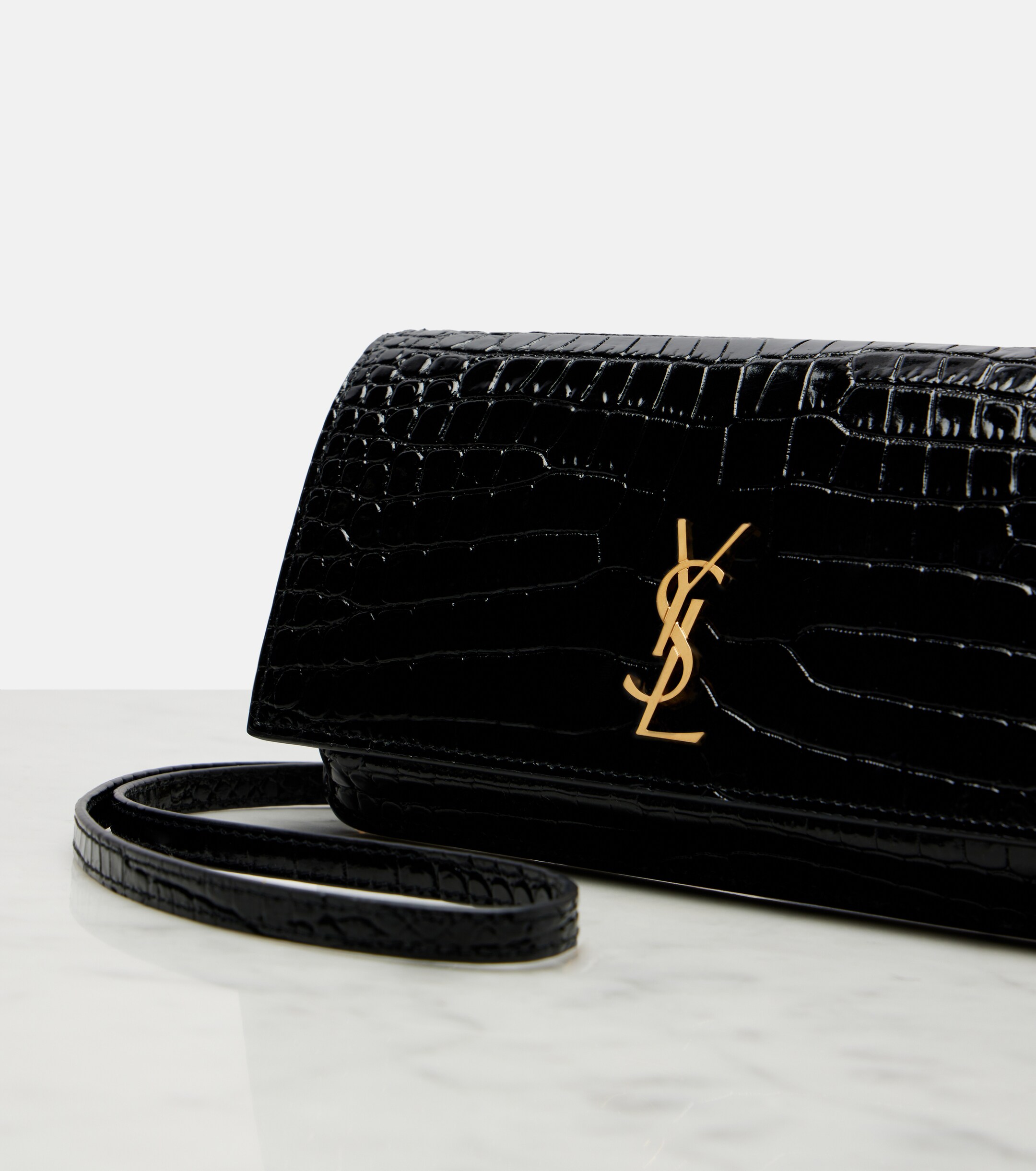 Saint Laurent Cassandre Mini croc-effect leather phone pouch
