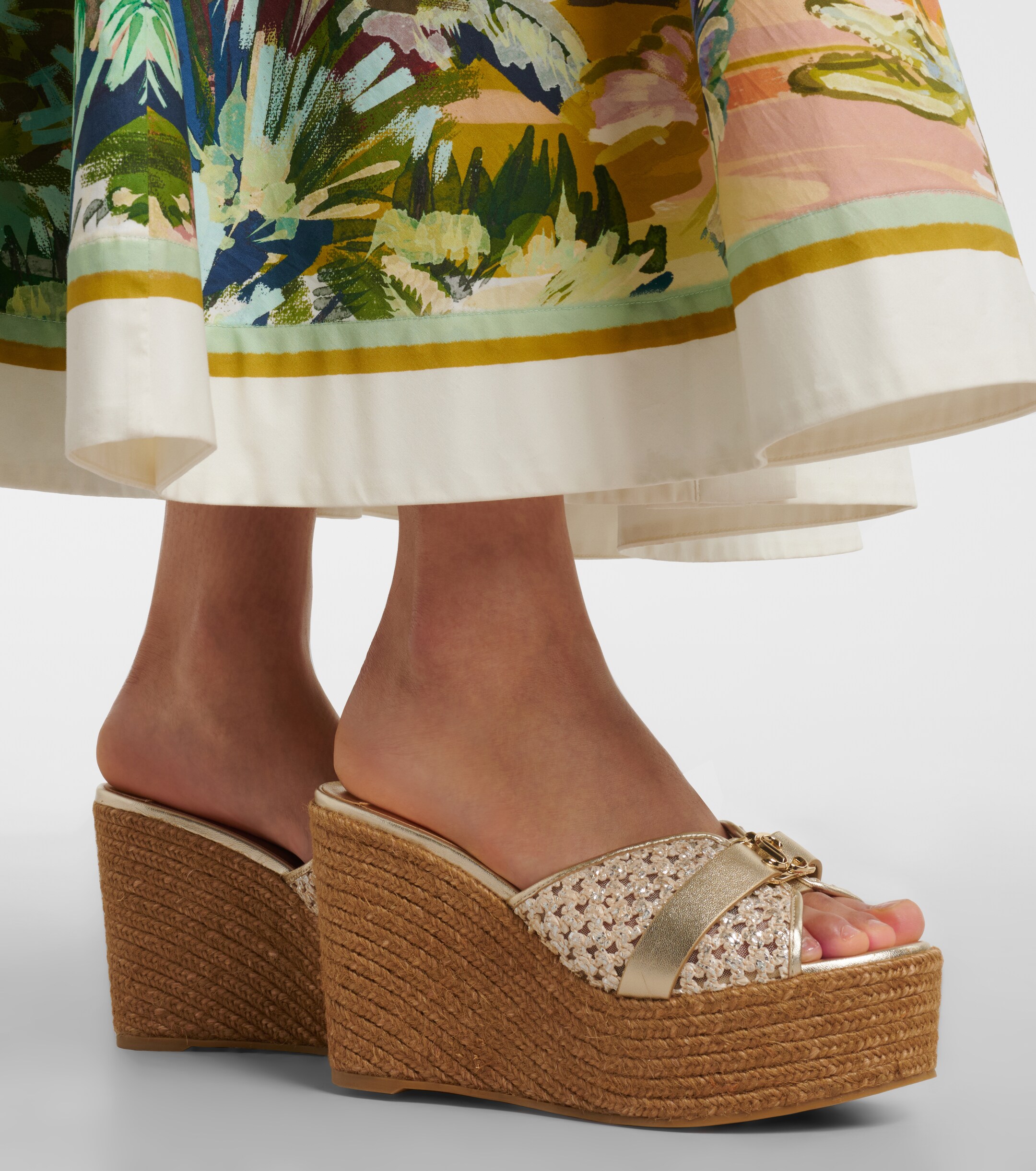 JIMMY CHOO Jimmy Choo Leda raffia-trimmed leather wedge espadrilles
