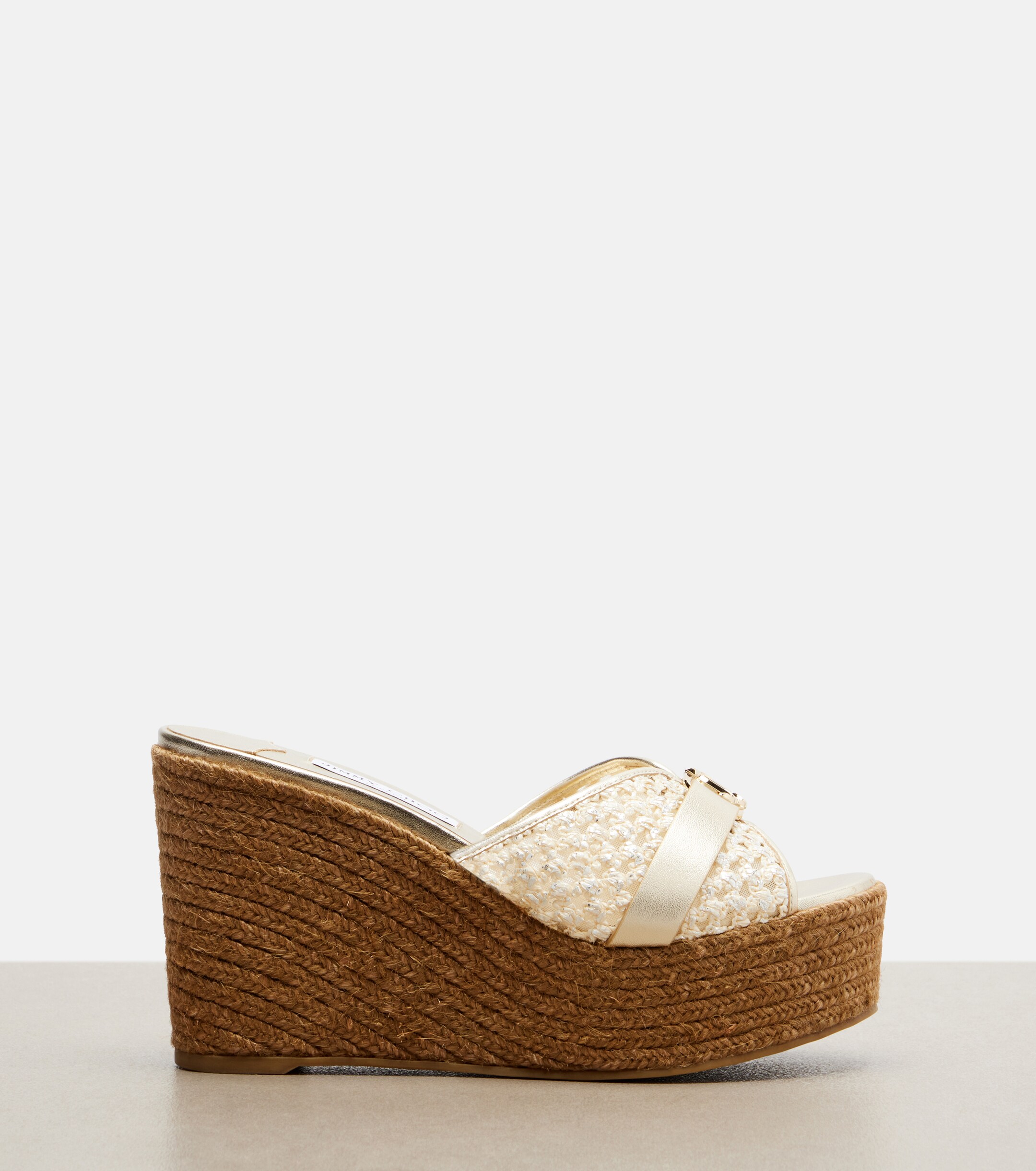 JIMMY CHOO Jimmy Choo Leda raffia-trimmed leather wedge espadrilles