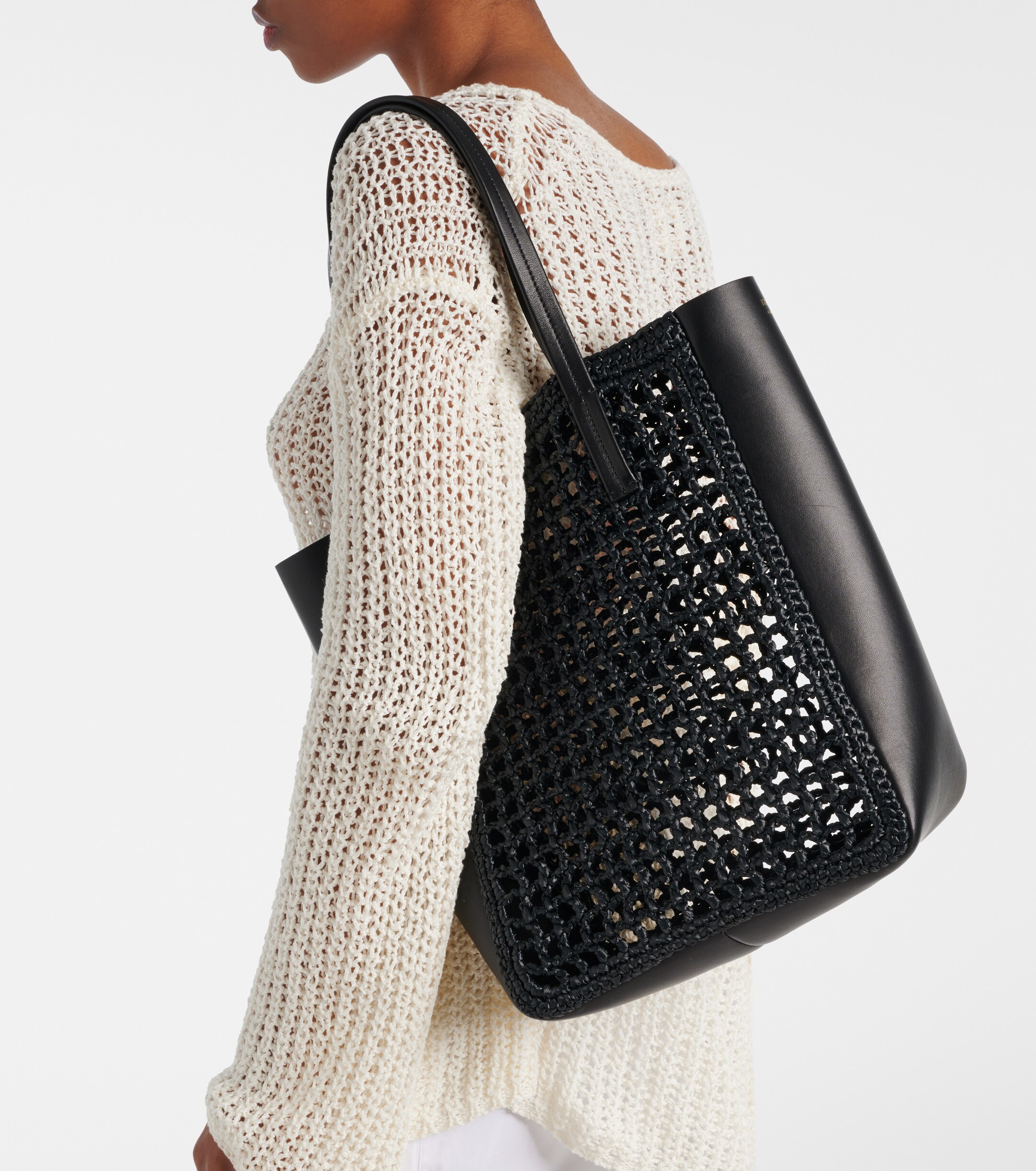 KHAITE Zoe Small leather-trimmed raffia tote bag