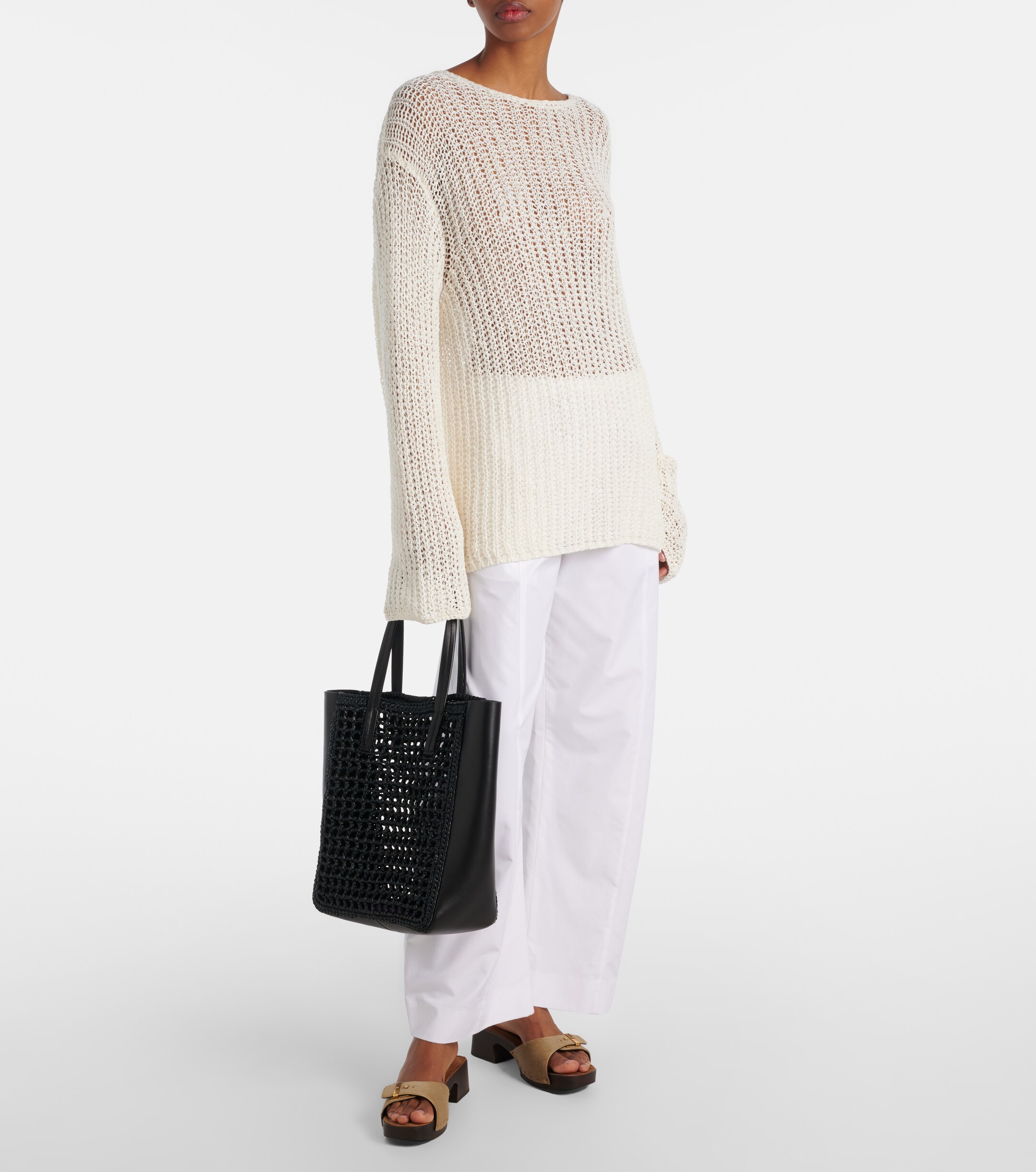 KHAITE Zoe Small leather-trimmed raffia tote bag