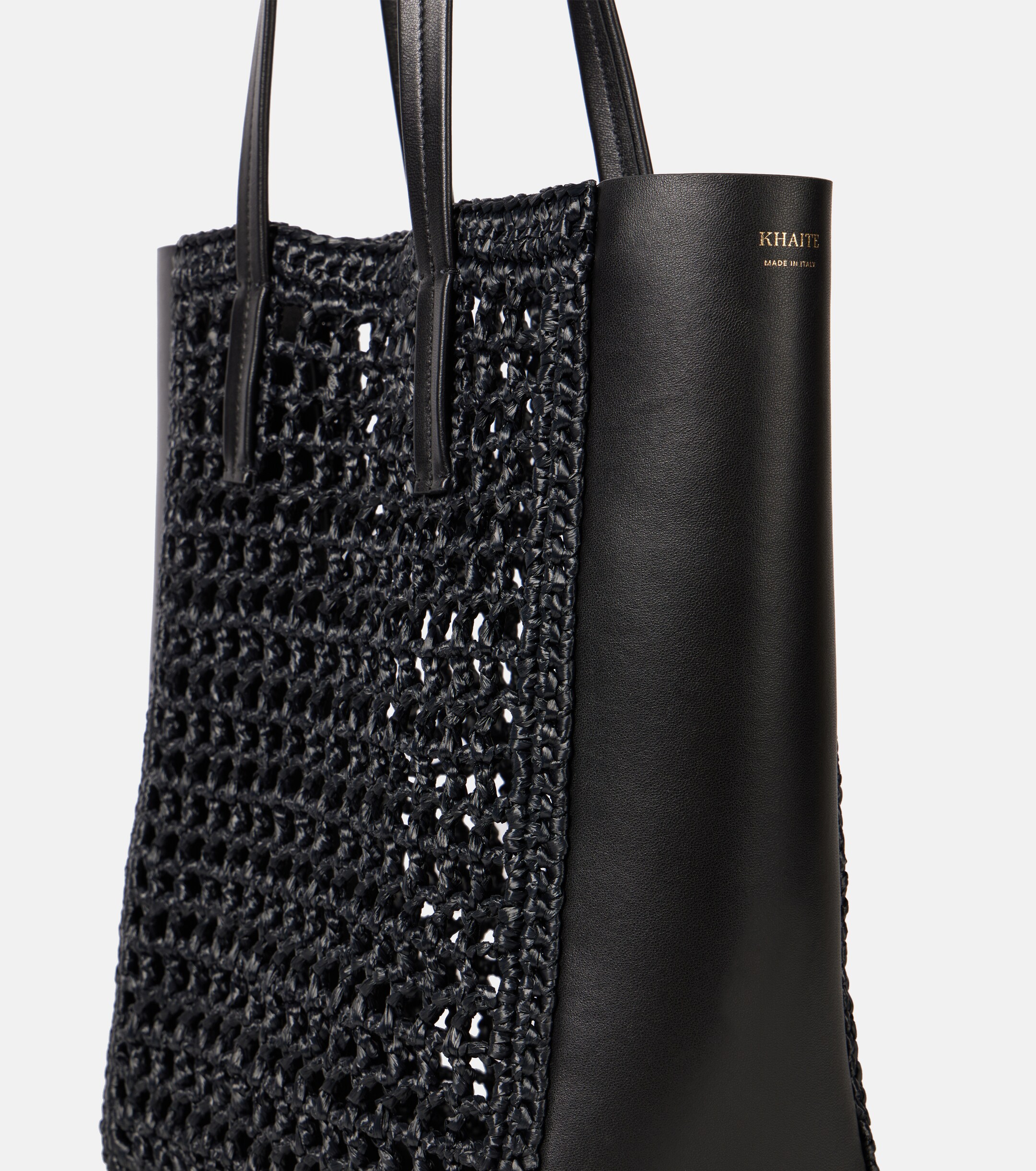 KHAITE Zoe Small leather-trimmed raffia tote bag